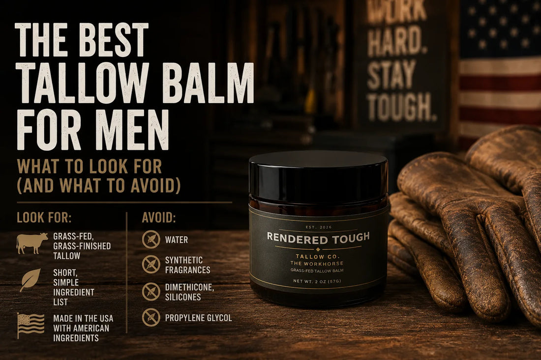 Rendered Tough tallow balm jar with work gloves in a rugged workshop, illustrating what to look for in the best tallow balm for men.