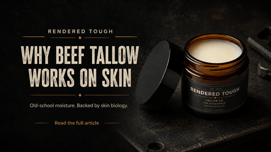 Beef tallow for skin in amber glass jar on dark wood surface
