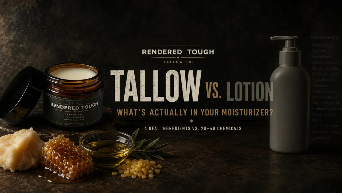 Rendered Tough tallow balm compared with store-bought lotion, showing grass-fed tallow balm and natural ingredients like honey, olive oil, and beeswax beside a lotion bottle.