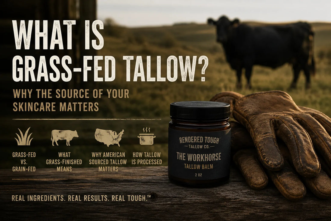 Grass-fed tallow skincare banner showing Rendered Tough balm, leather work gloves, and pasture cattle, illustrating why the source of tallow matters in skincare.