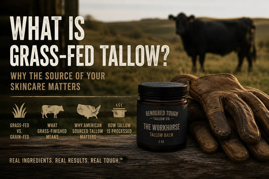 Grass-fed tallow skincare banner showing Rendered Tough balm, leather work gloves, and pasture cattle, illustrating why the source of tallow matters in skincare.