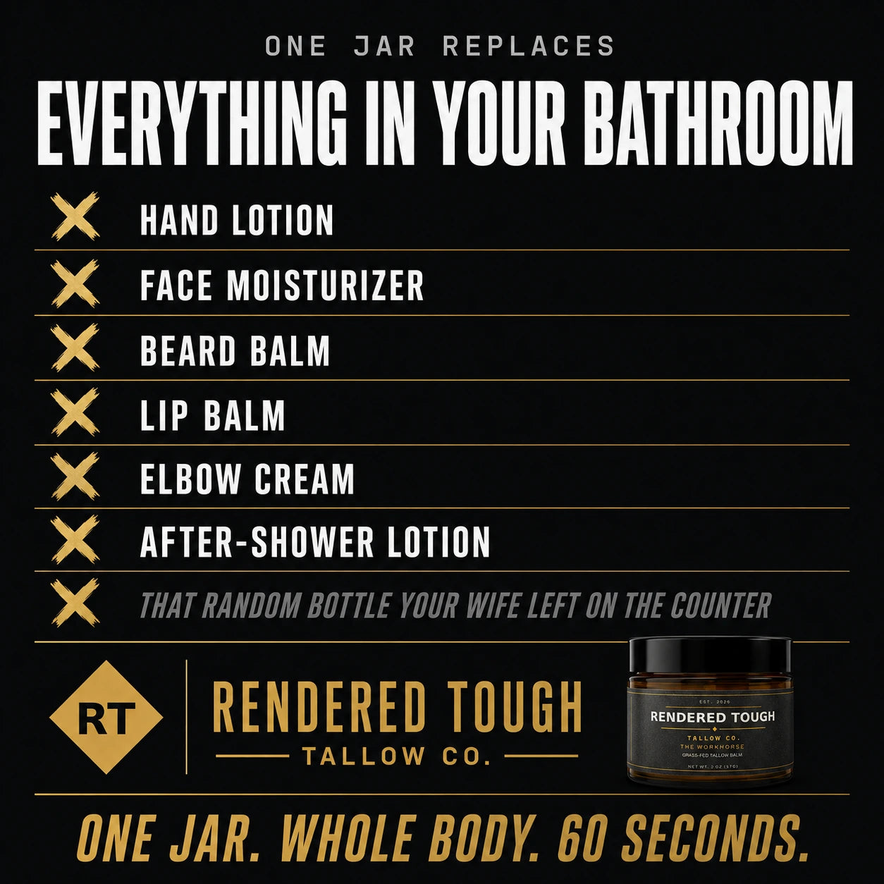 Advertisement for Rendered Tough Tallow Co. product with text and jar image on a black background