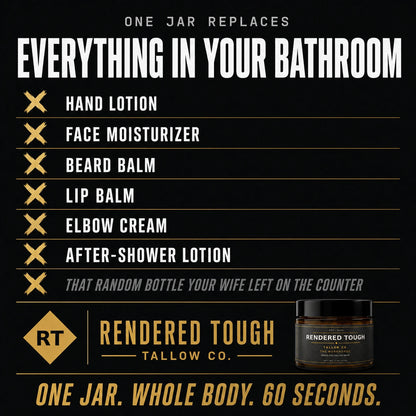 Advertisement for Rendered Tough Tallow Co. product with text and jar image on a black background