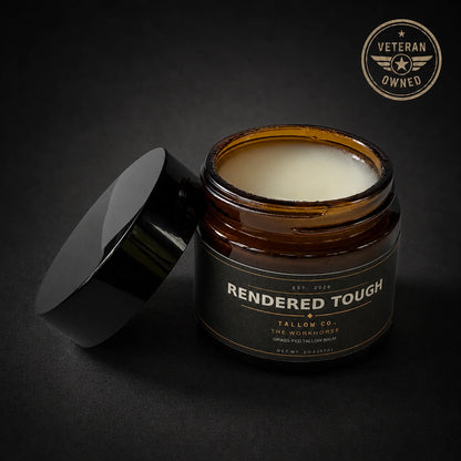 Jar of 'Rendered Tough' product with a black lid on a dark background, featuring a 'Veteran Owned' badge.